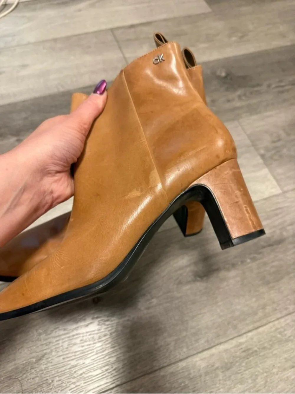 Calvin Klein Cognac Leather Ankle Booties with Block Heel size 10